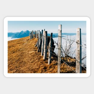 Mountains of Central Switzerland With Wooden Fence in Foreground Sticker